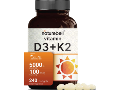 NatureBell Vitamin D3 + K2 (MK7) with Virgin Coconut Oil, 240 Softgels