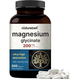 NatureBell Magnesium Glycinate 200mg with Valerian Root, 300 Capsules